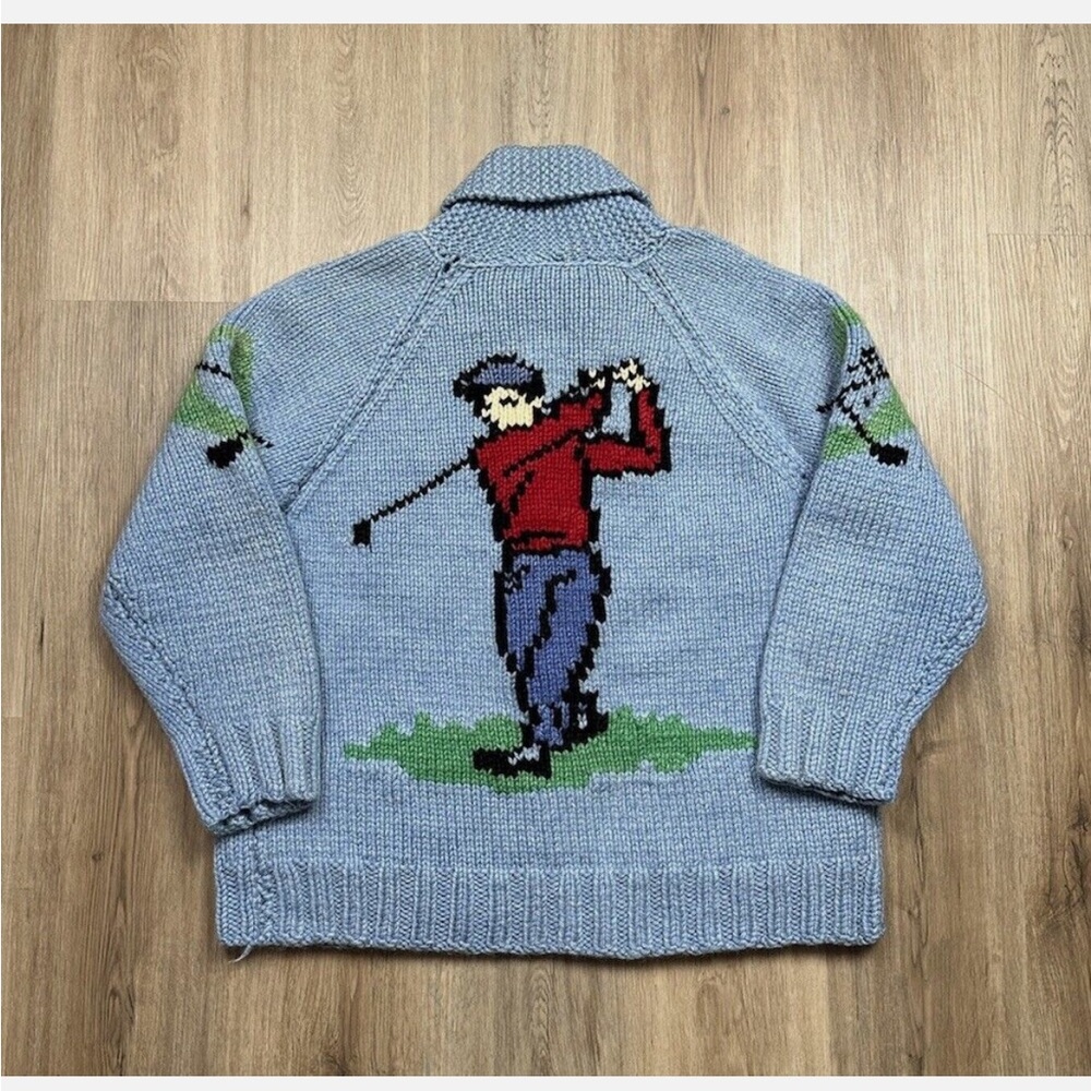 Fore Golfing Themed Chunky Knit Men’s Vintage Cowichan Cardigan Sweater Medium